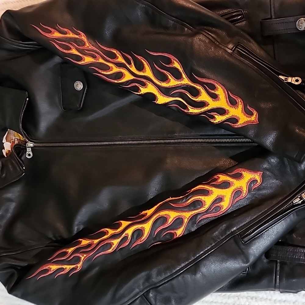 Harley-Davidson Mens FLAME II Leather Jacket RIDE FREE SIZE S Flames Black. - Picture 8 of 16